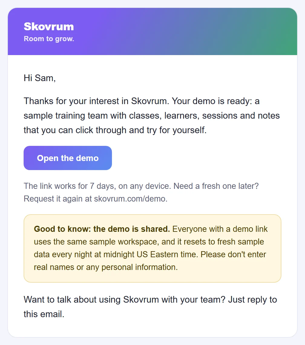The demo email: an Open the demo button, how long the link works, and a note that the demo is shared