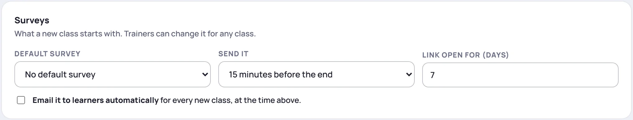 The Surveys card: default survey, when to send it, how long the link stays open, and the automatic email switch