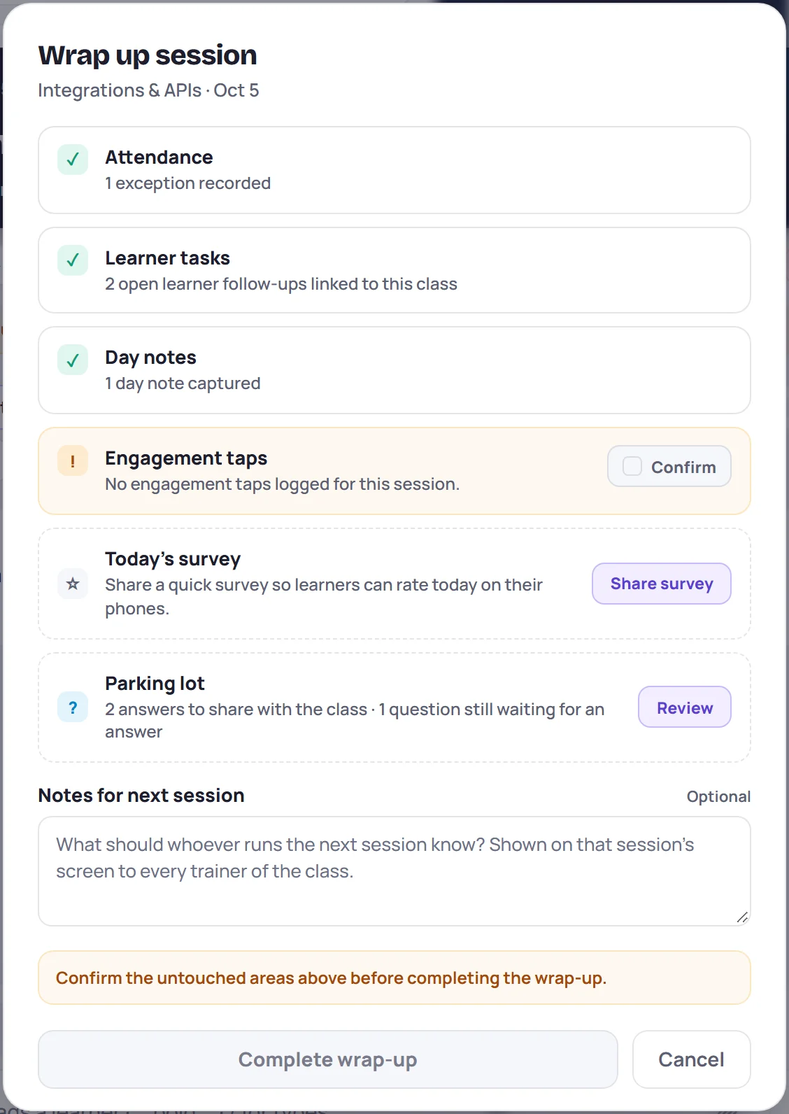 The wrap-up checklist: Attendance, Learner tasks and Day notes are ticked; Engagement taps still needs Confirm