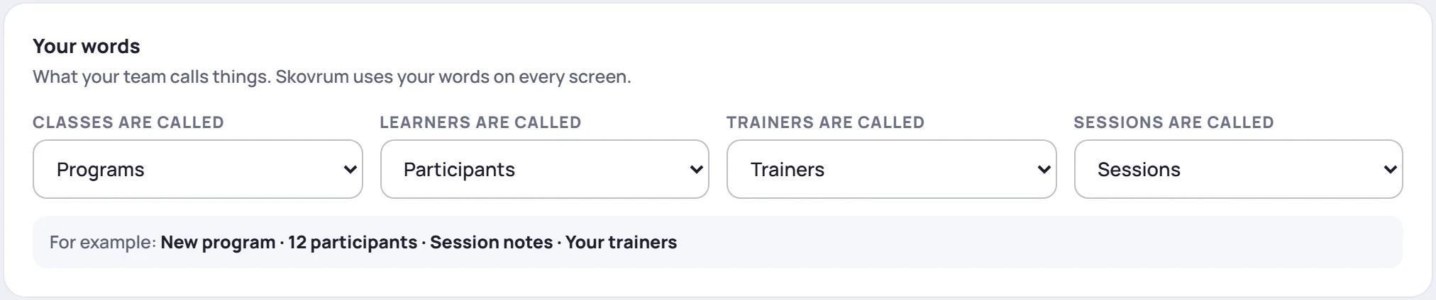 The Your words card: classes called Programs and learners called Participants, with the example line "New program · 12 participants · Session notes · Your trainers"